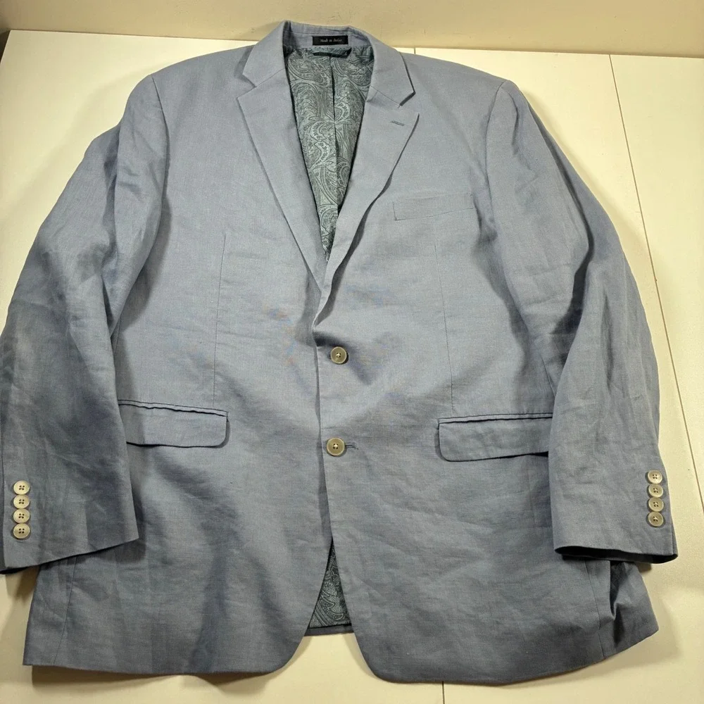 Lauren Ralph Lauren  100% Linen Blazer 46L Light Blue Paisley Lined Sport Coat